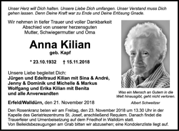 Traueranzeige von Anna Kilian von Fränkische Nachrichten