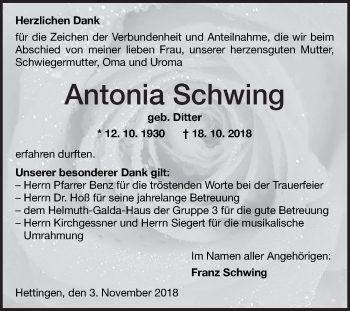 Traueranzeige von Antonia Schwing von Fränkische Nachrichten