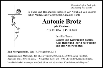 Traueranzeige von Antonie Brotz von Fränkische Nachrichten