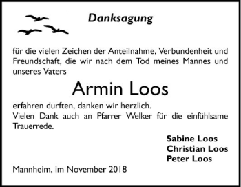 Traueranzeige von Armin Loos von Mannheimer Morgen