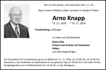 Traueranzeige von Arno Knapp von Fränkische Nachrichten