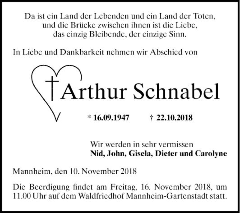  Traueranzeige für Arthur Schnabel vom 10.11.2018 aus Mannheimer Morgen