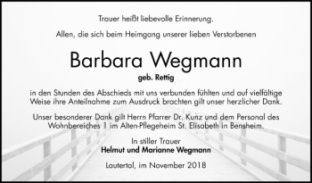 Traueranzeige von Barbara Wegmann von Bergsträßer Anzeiger