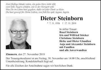 Traueranzeige von Dieter Steinborn von Fränkische Nachrichten