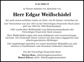 Traueranzeige von Edgar Weißschädel von Fränkische Nachrichten