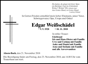 Traueranzeige von Edgar Weißschädel von Fränkische Nachrichten