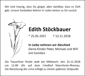 Traueranzeige von Edith Stöckbauer von Mannheimer Morgen