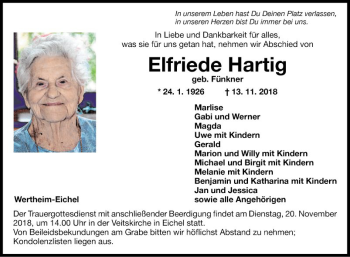 Traueranzeige von Elfriede Hartig von Fränkische Nachrichten