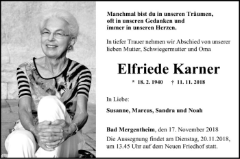 Traueranzeige von Elfriede Karner von Fränkische Nachrichten