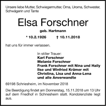 Traueranzeige von Elsa Forschner von Mannheimer Morgen