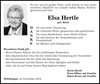 Traueranzeige von Elsa Hertle von Fränkische Nachrichten