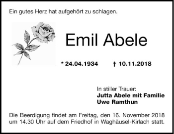 Traueranzeige von Emil Abele von Mannheimer Morgen