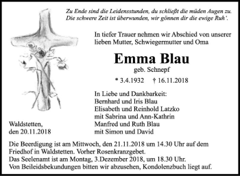 Traueranzeige von Emma Blau von Fränkische Nachrichten