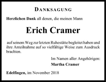 Traueranzeige von Erich Cramer von Fränkische Nachrichten