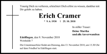 Traueranzeige von Erich Cramer von Fränkische Nachrichten