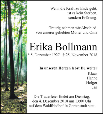 Traueranzeige von Erika Bollmann von Mannheimer Morgen