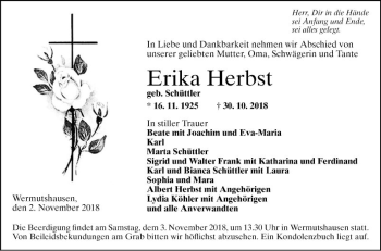 Traueranzeige von Erika Herbst von Fränkische Nachrichten