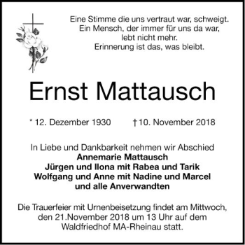 Traueranzeige von Ernst Mattausch von Mannheimer Morgen