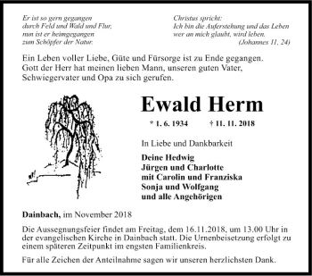 Traueranzeige von Ewald Herm von Fränkische Nachrichten