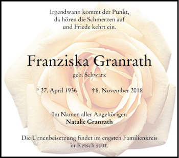 Traueranzeige von Franziska Granrath von Schwetzinger Zeitung