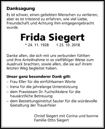 Traueranzeige von Frida Siegert von Fränkische Nachrichten