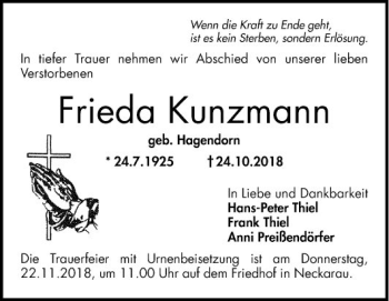 Traueranzeige von Frieda Kunzmann von Mannheimer Morgen