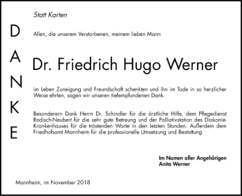 Traueranzeige von Friedrich Hugo Werner von Mannheimer Morgen