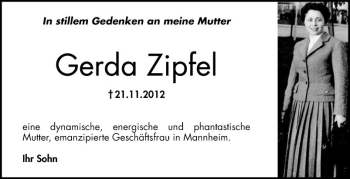 Traueranzeige von Gerda Zipfel von Mannheimer Morgen