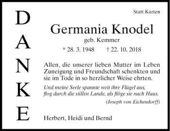 Traueranzeige von Germania Knodel von Fränkische Nachrichten