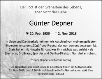 Traueranzeige von Günter Depner von Mannheimer Morgen