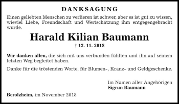 Traueranzeige von Harald Kilian Baumann von Fränkische Nachrichten