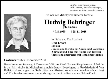 Traueranzeige von Hedwig Behringer von Fränkische Nachrichten