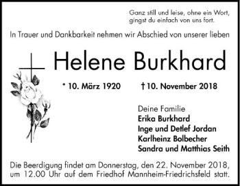 Traueranzeige von Helene Burkhard von Mannheimer Morgen