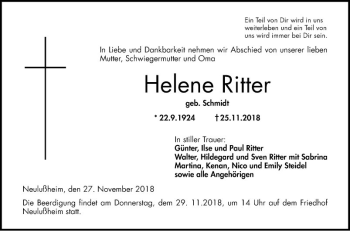 Traueranzeige von Helene Ritter von Schwetzinger Zeitung