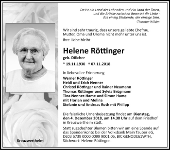 Traueranzeige von Helene Röttinger von Fränkische Nachrichten