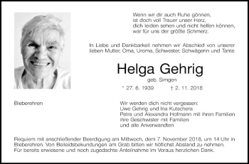 Traueranzeige von Helga Gehrig von Fränkische Nachrichten