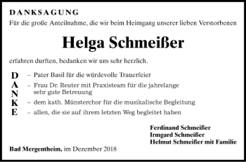 Traueranzeige von Helga Schmeißer von Fränkische Nachrichten