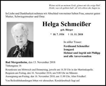 Traueranzeige von Helga Schmeißer von Fränkische Nachrichten