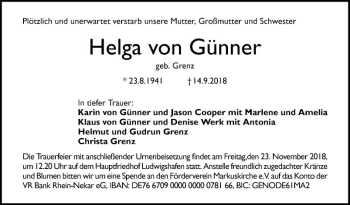 Traueranzeige von Helga von Günner von Mannheimer Morgen