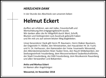 Traueranzeige von Helmut Eckert von Fränkische Nachrichten