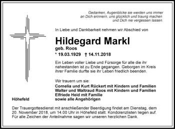 Traueranzeige von Hildegard Markl von Fränkische Nachrichten