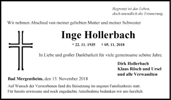 Traueranzeige von Inge Hollerbach von Fränkische Nachrichten