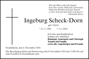 Traueranzeige von Ingeburg Scheck-Dorn von Schwetzinger Zeitung