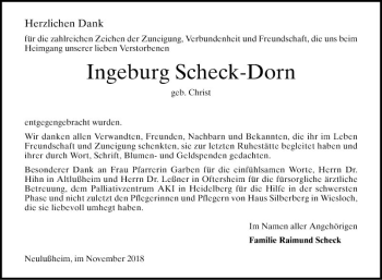 Traueranzeige von Ingeburg Scheck-Dorn von Schwetzinger Zeitung