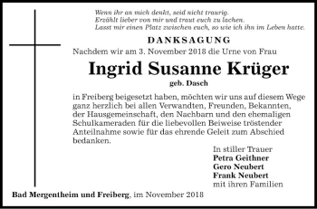 Traueranzeige von Ingrid Susanne Krüger von Fränkische Nachrichten