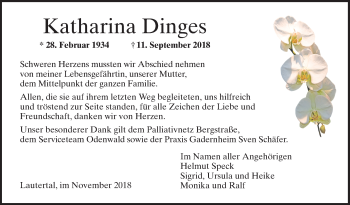 Traueranzeige von Katharina Dinges von Bergsträßer Anzeiger