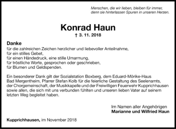 Traueranzeige von Konrad Haun von Fränkische Nachrichten