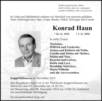 Traueranzeige von Konrad Haun von Fränkische Nachrichten