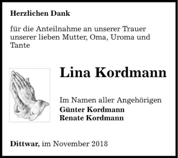 Traueranzeige von Lina Kordmann von Fränkische Nachrichten