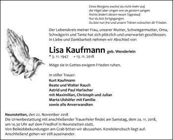 Traueranzeige von Lisa Kaufmann von Fränkische Nachrichten